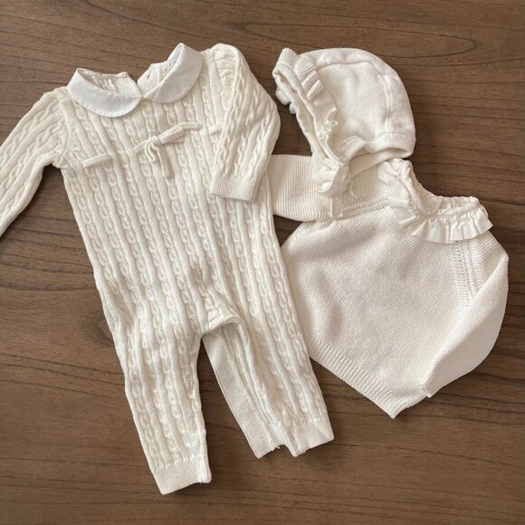 Hope & Henry Sweater (3-6 mo), Bonnet (0-3 mo) and Full Knit Romper(0-3 Mo) - Picture 1 of 8